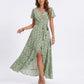 Floral Print Wrap Maxi Dress with V Neck Short Flutter Sleeves Tie Waist and Front Slit
