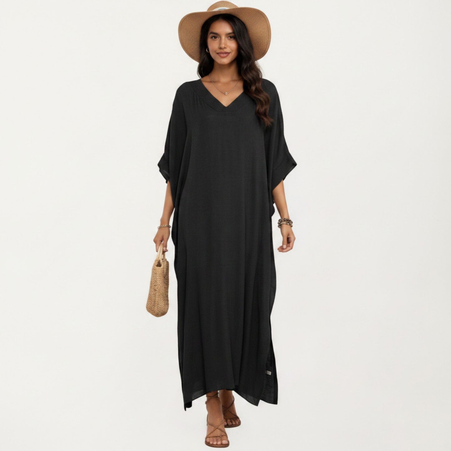 V-Neck Maxi Swim Cover Up Dress Loose Short Sleeve Lightweight Beach Caftan