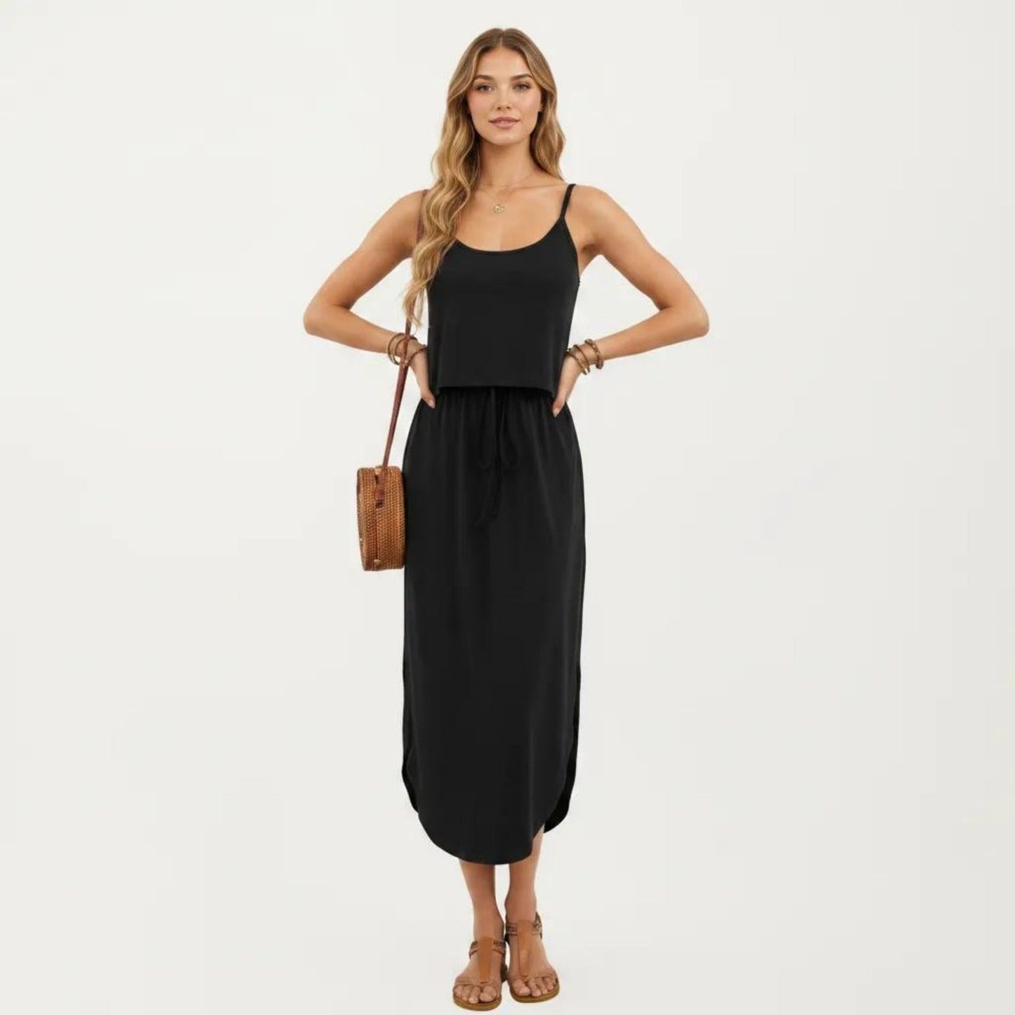 Sleeveless Midi Dress with Spaghetti Straps and Adjustable Drawstring Waist Relaxed Fit Silhouette