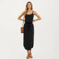 Sleeveless Midi Dress with Spaghetti Straps and Adjustable Drawstring Waist Relaxed Fit Silhouette