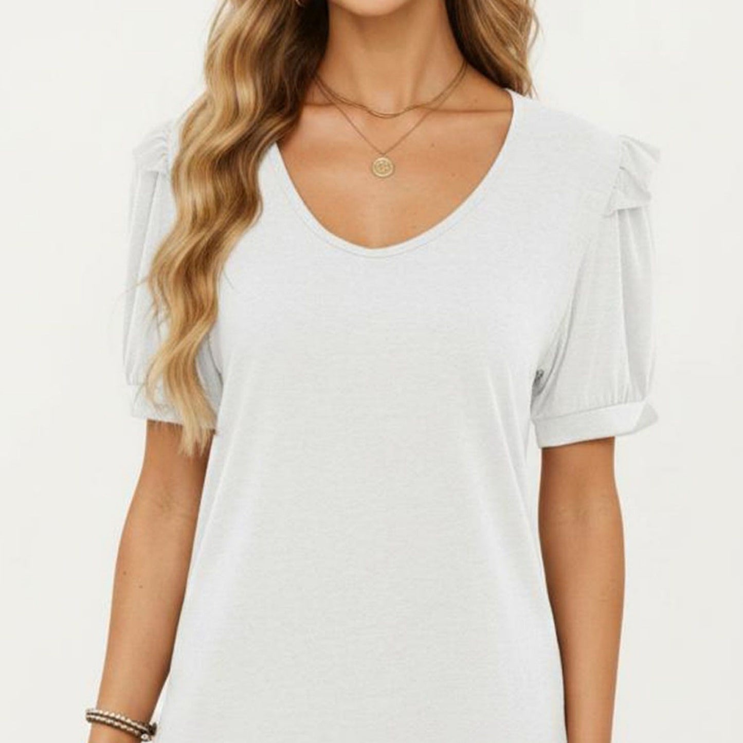 Short Puff Sleeve Top with Scoop Neck Textured Knit Relaxed Fit Casual Shirt