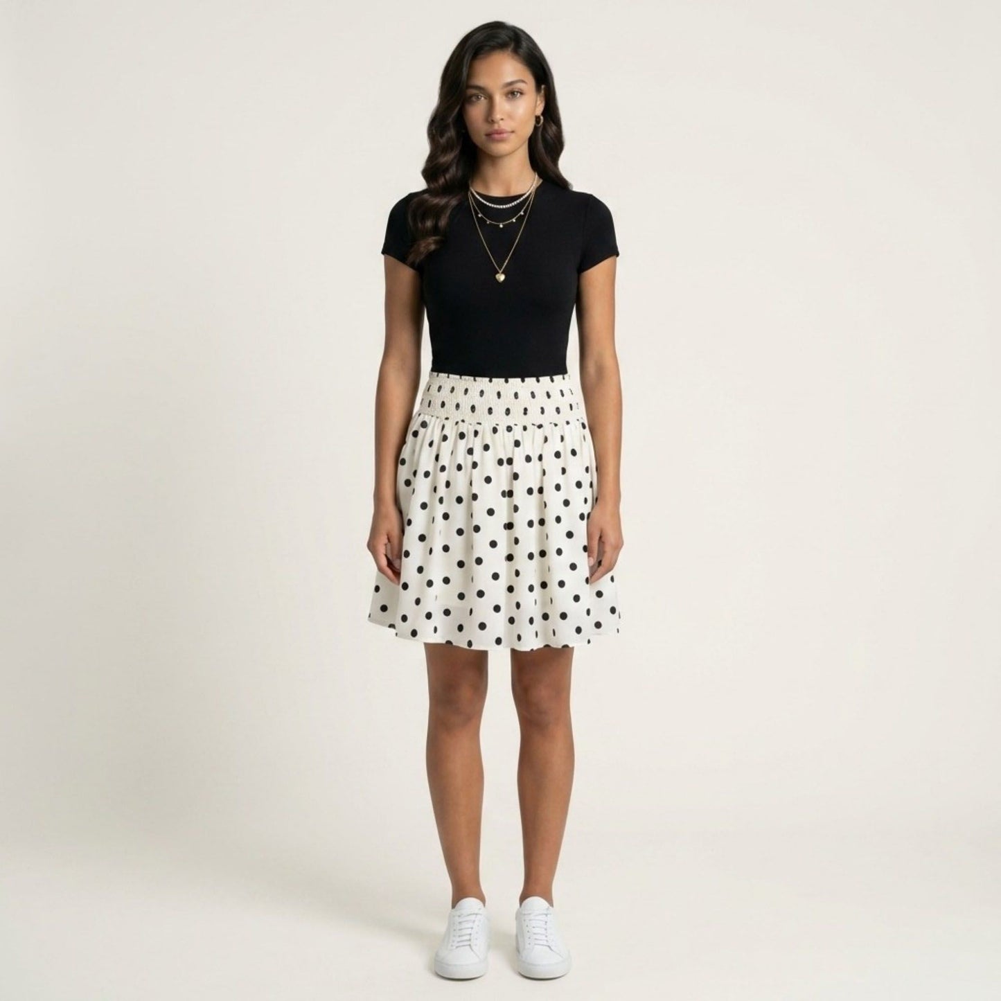 Polka Dot A Line Skirt Smocked High Waist Flowy Lightweight Casual Mini Skirt