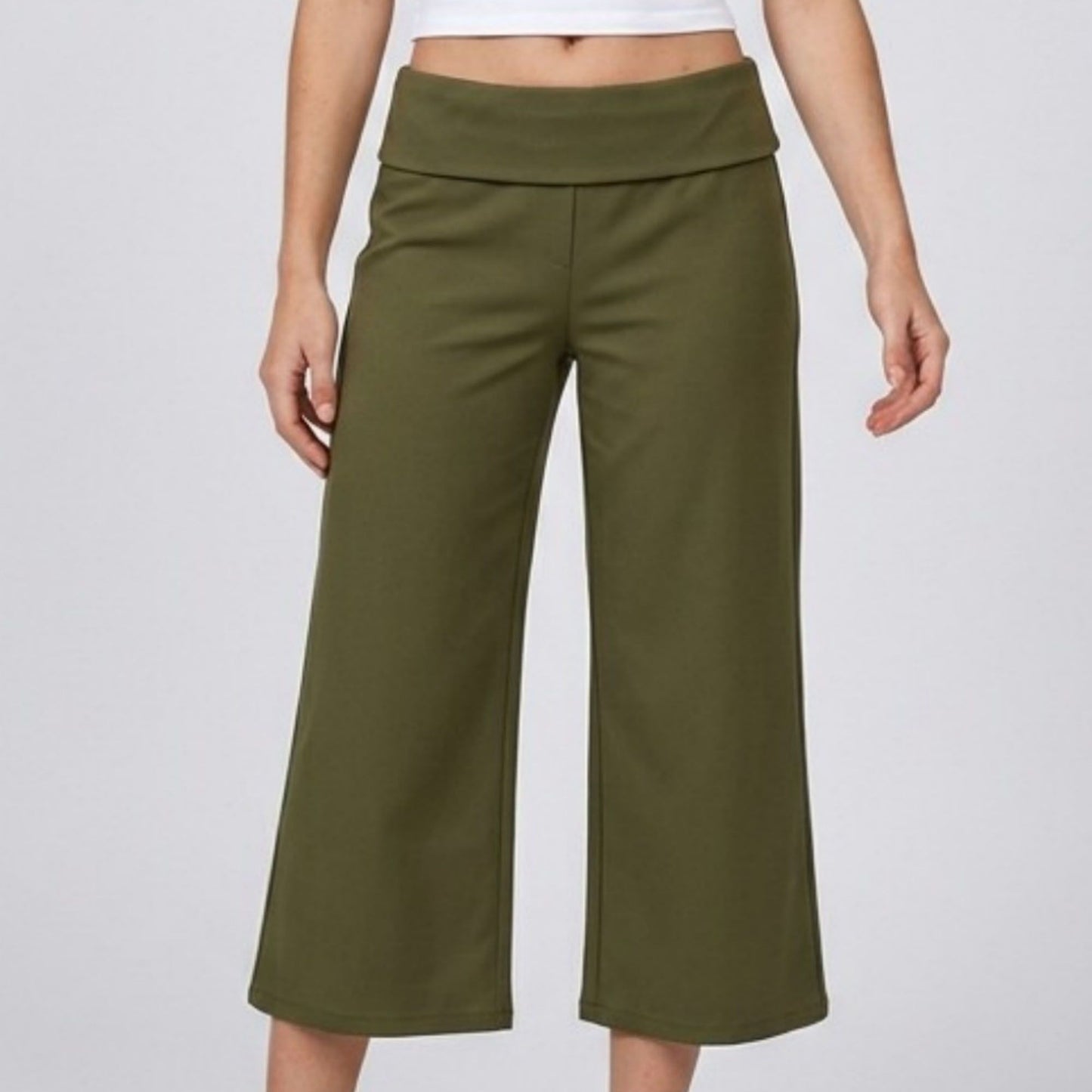 Foldover Waistband Cropped Wide-Leg Trousers