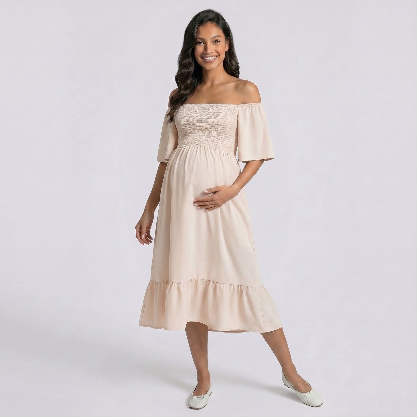 Maternity Off Shoulder Smocked Maxi Dress with Short Sleeves and Flowy Skirt