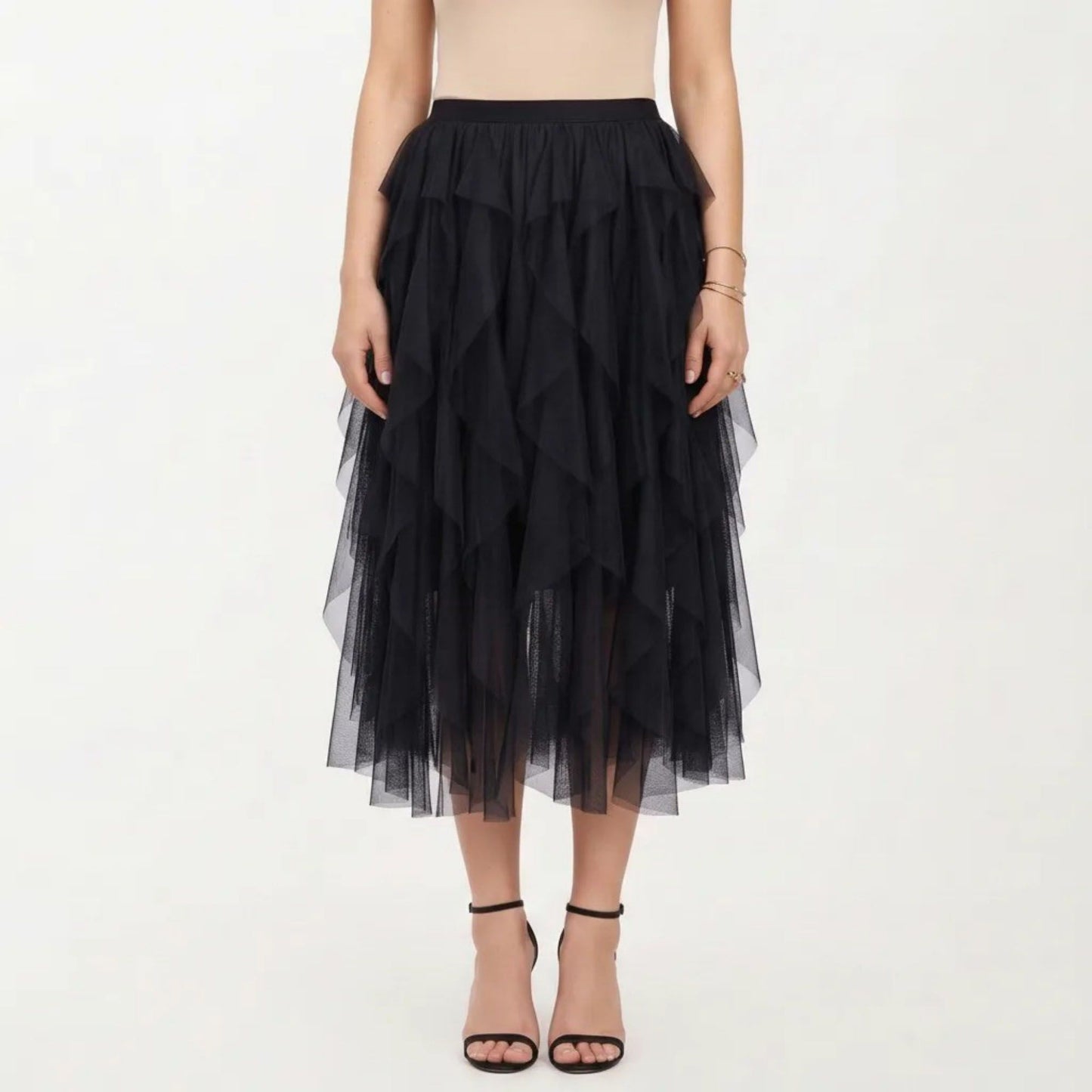 Layered Tulle Midi Skirt with Cascading Ruffle Panels and Flowing Sheer Texture Creating a Voluminous Silhouette