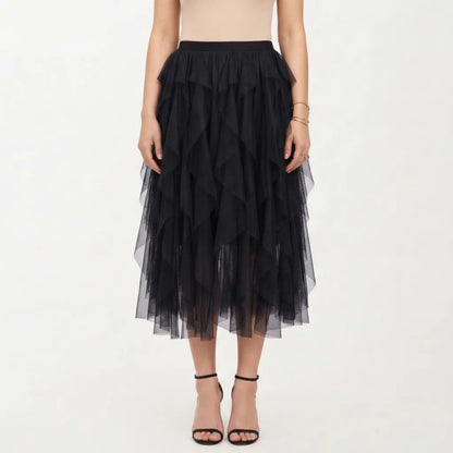 Layered Tulle Midi Skirt with Cascading Ruffle Panels and Flowing Sheer Texture Creating a Voluminous Silhouette