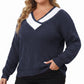 Plus Size Contrast Collar V-Neck Ribbed Sweater