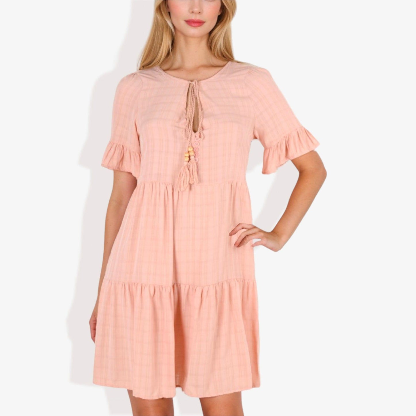 Ruffle Sleeve Tiered Dress With Button And Tassel Detail