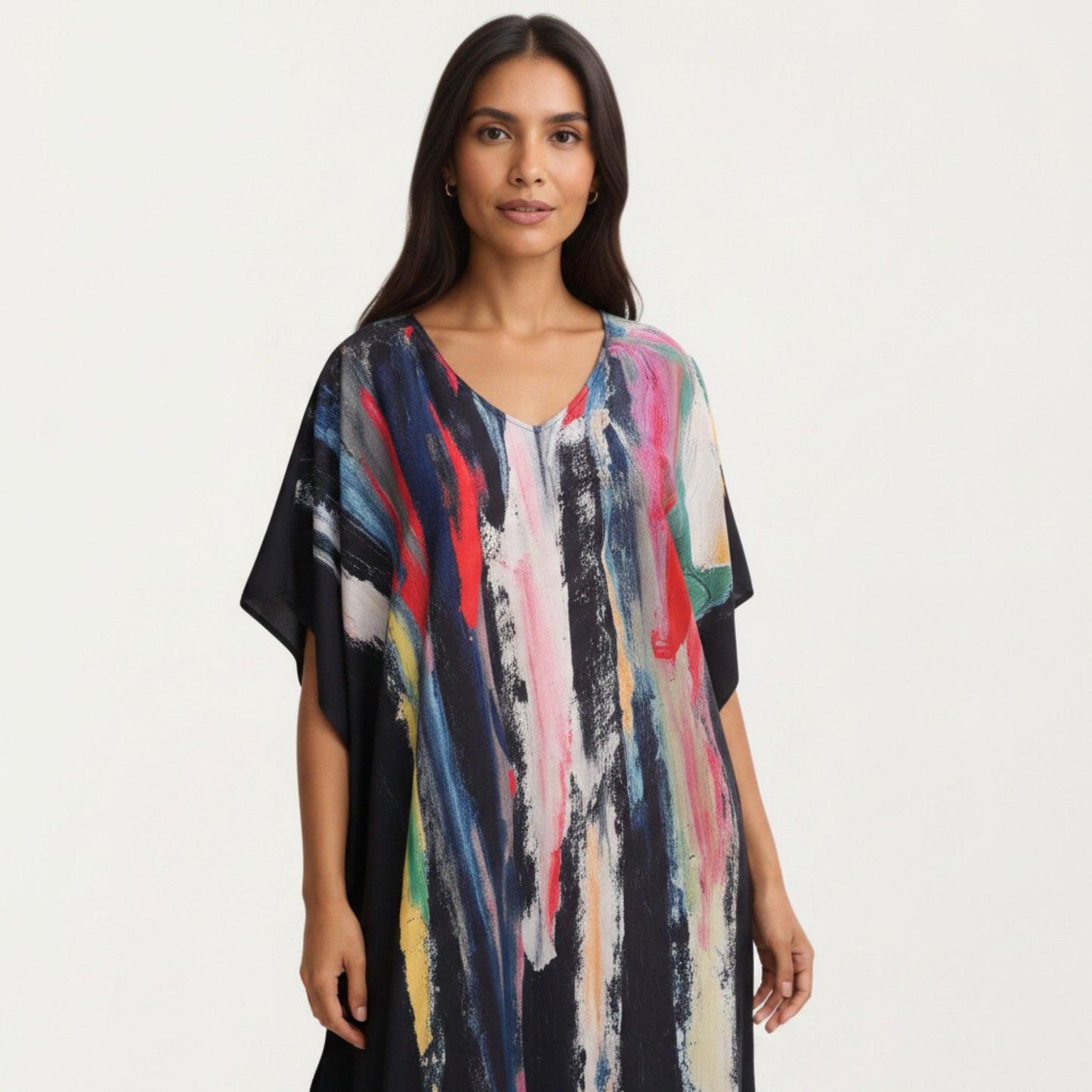 Abstract Print Maxi Caftan Dress with V-Neckline Short Sleeves and Relaxed Draped Silhouette