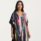 Abstract Print Maxi Caftan Dress with V-Neckline Short Sleeves and Relaxed Draped Silhouette