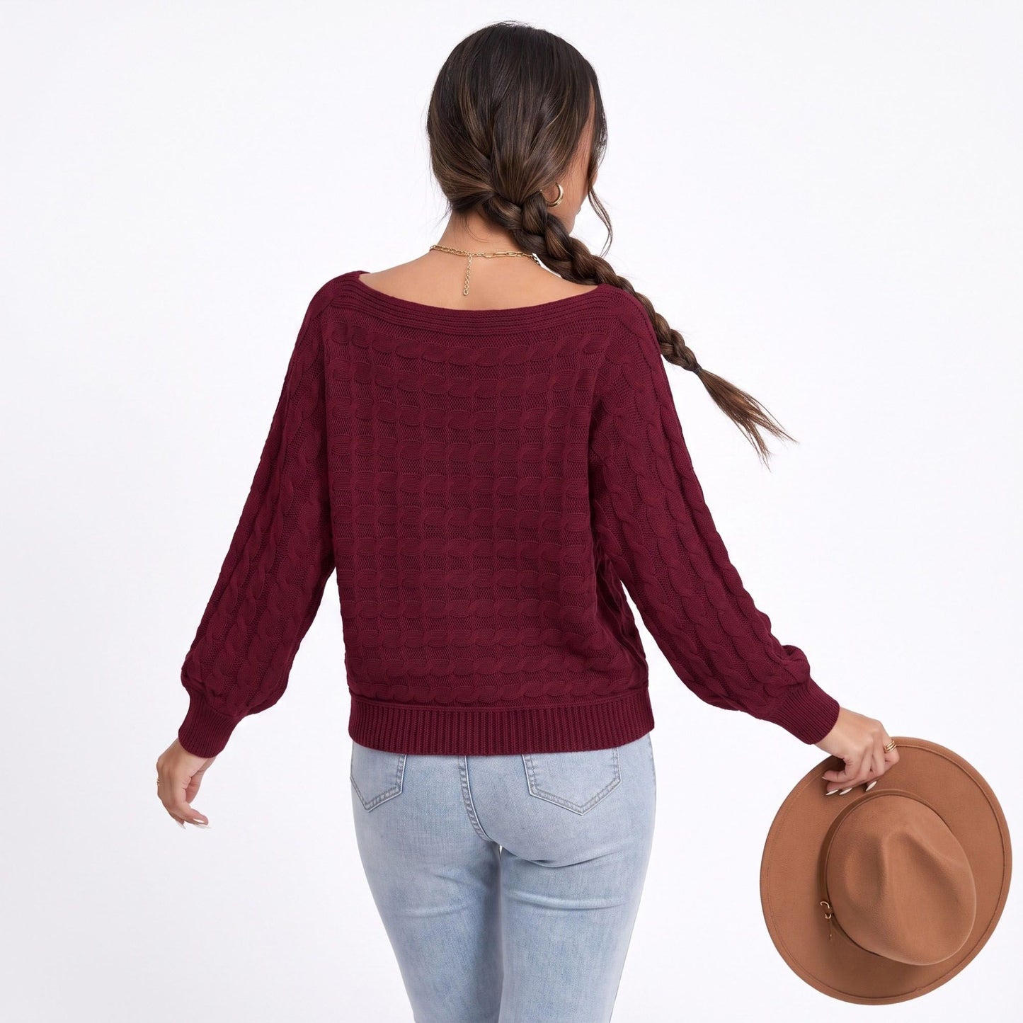Boat Neck Cable Knit Long Sleeve Pullover Sweater