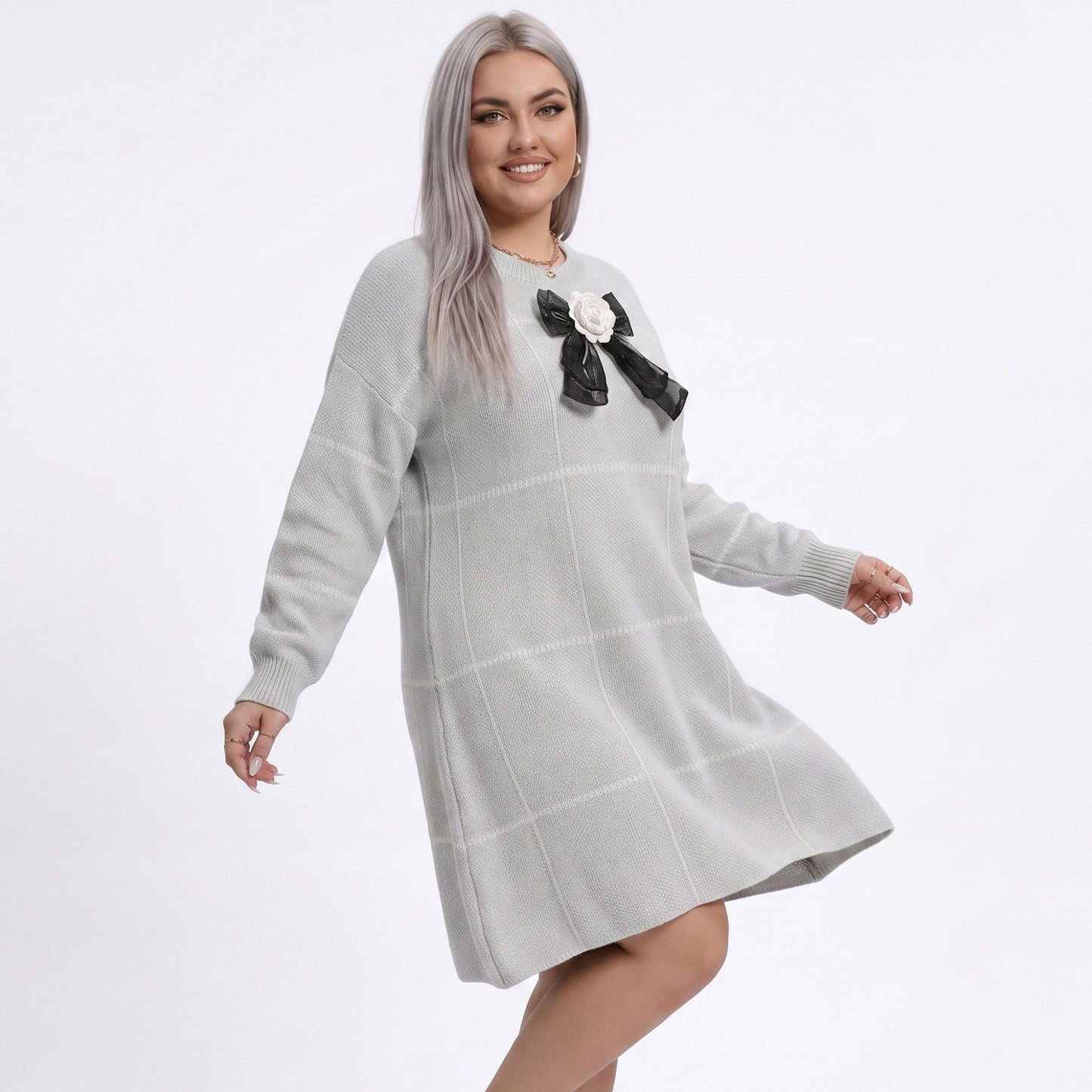 Plus Size Plaid Bow Detail Sweater Dress