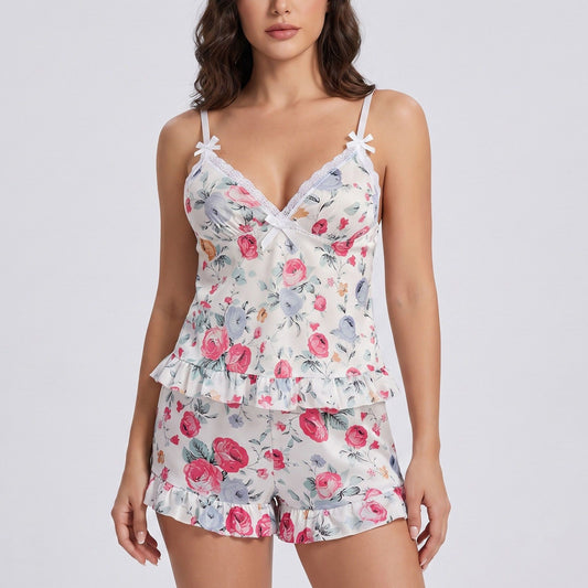 Floral Satin Ruffle Cami and Shorts Lingerie Set