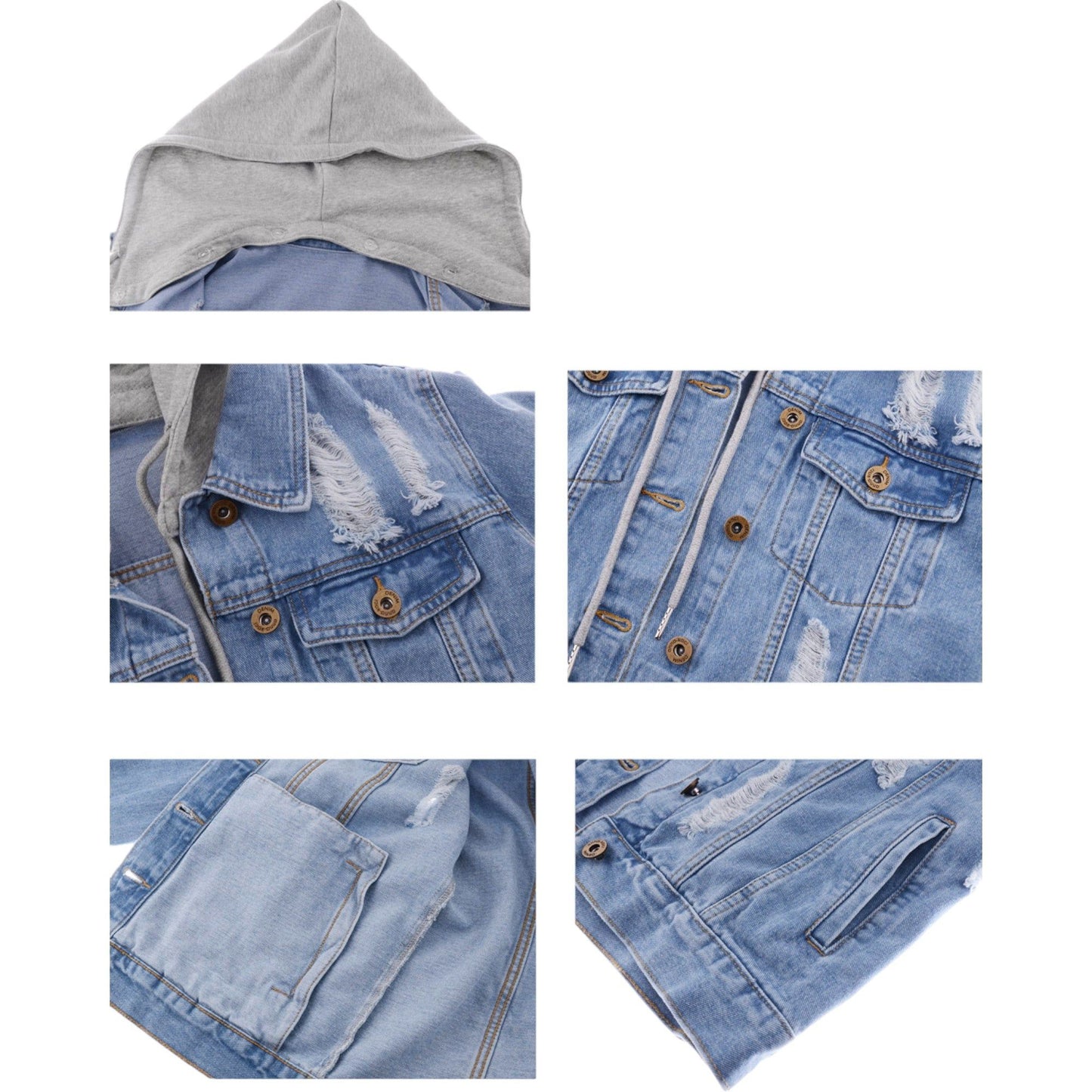 Detachable Hoodie Denim Distressed Jean Jacket