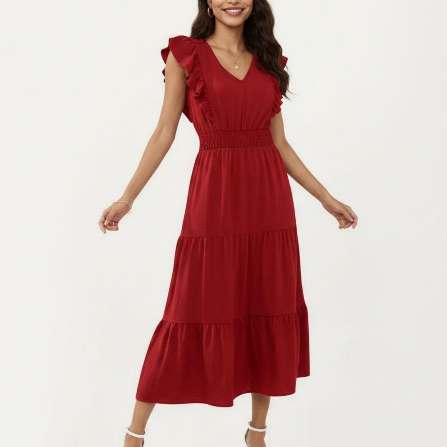 Tiered Midi Dress with Ruffle Sleeves and Smocked Waist