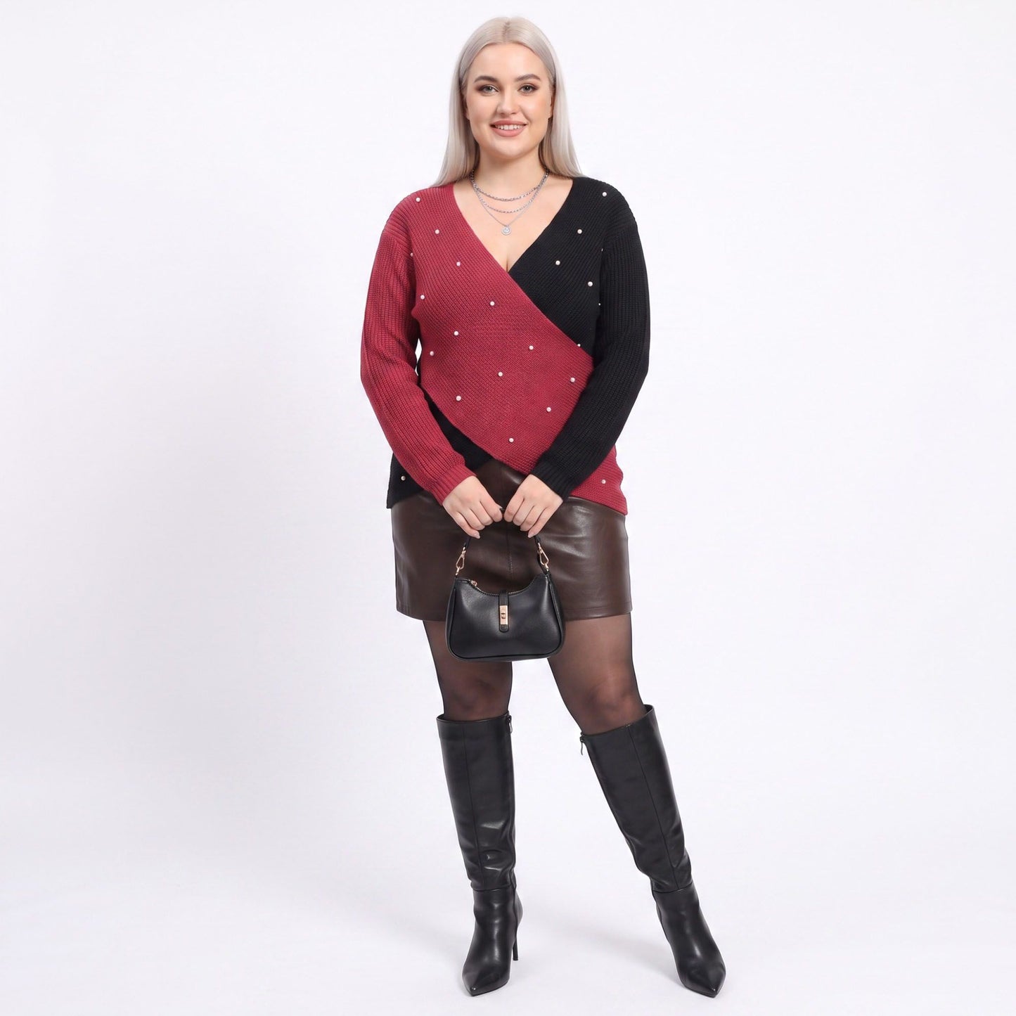 Plus Size Faux Pearl Colorblock Wrap Front Sweater
