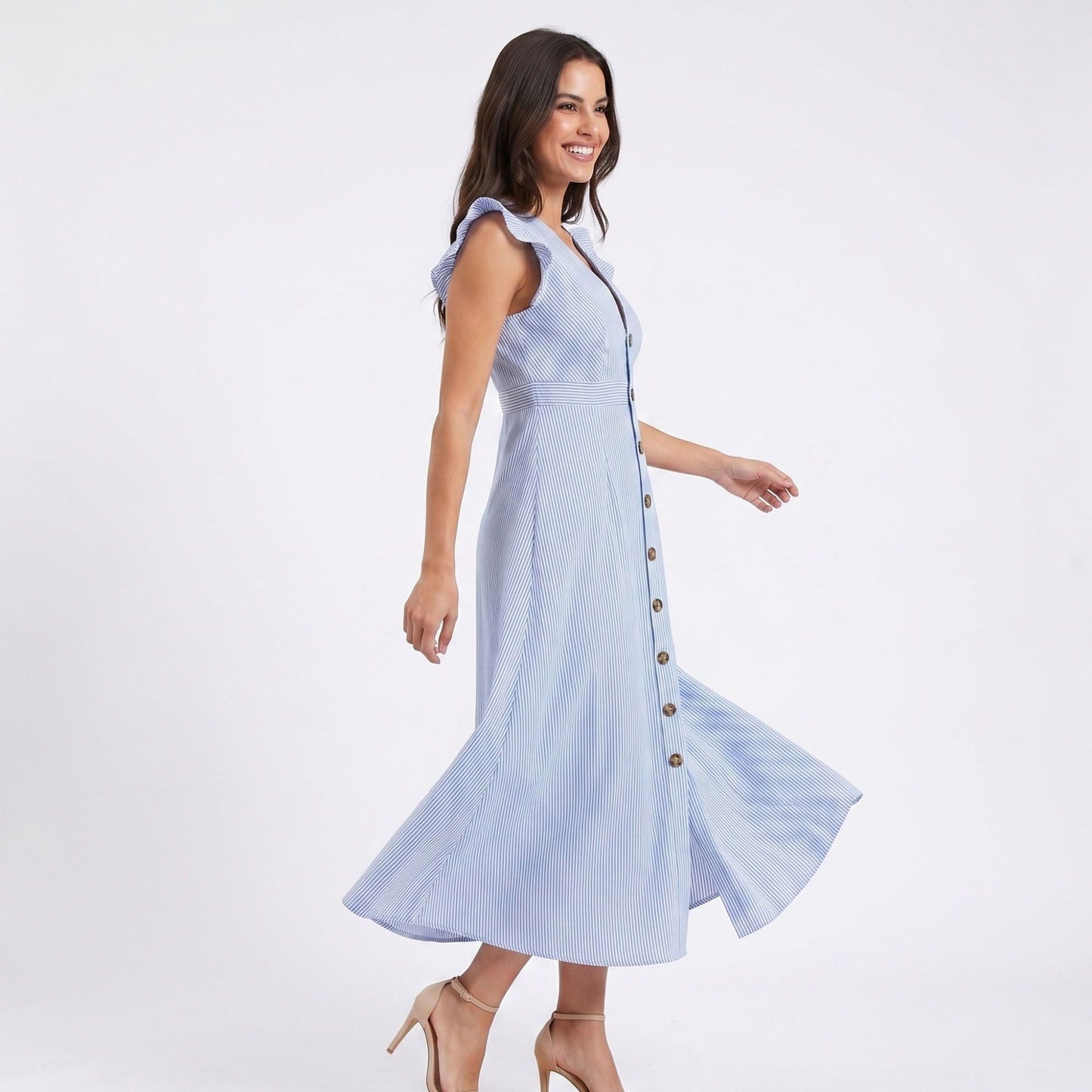 Striped Button Front Flutter Sleeve Midi Dress