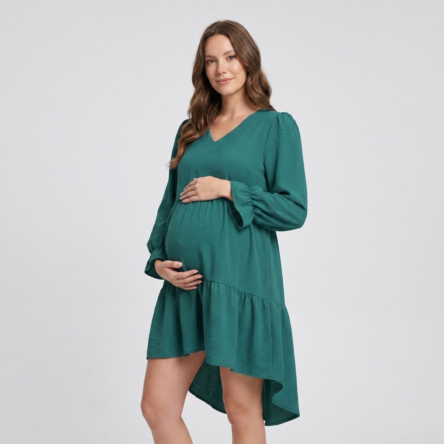 Maternity V Neck High Low Mini Dress with Long Sleeves and Tiered Hem