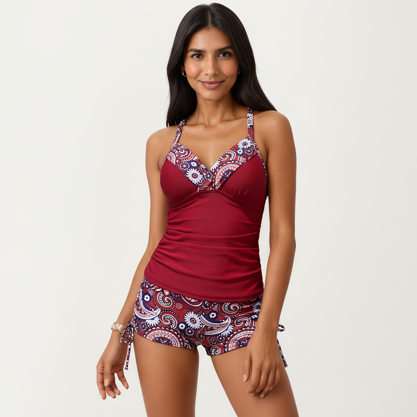 2-Piece Tankini Swimsuit Set with Paisley Print Boyshort Bottoms and V-Neck Top