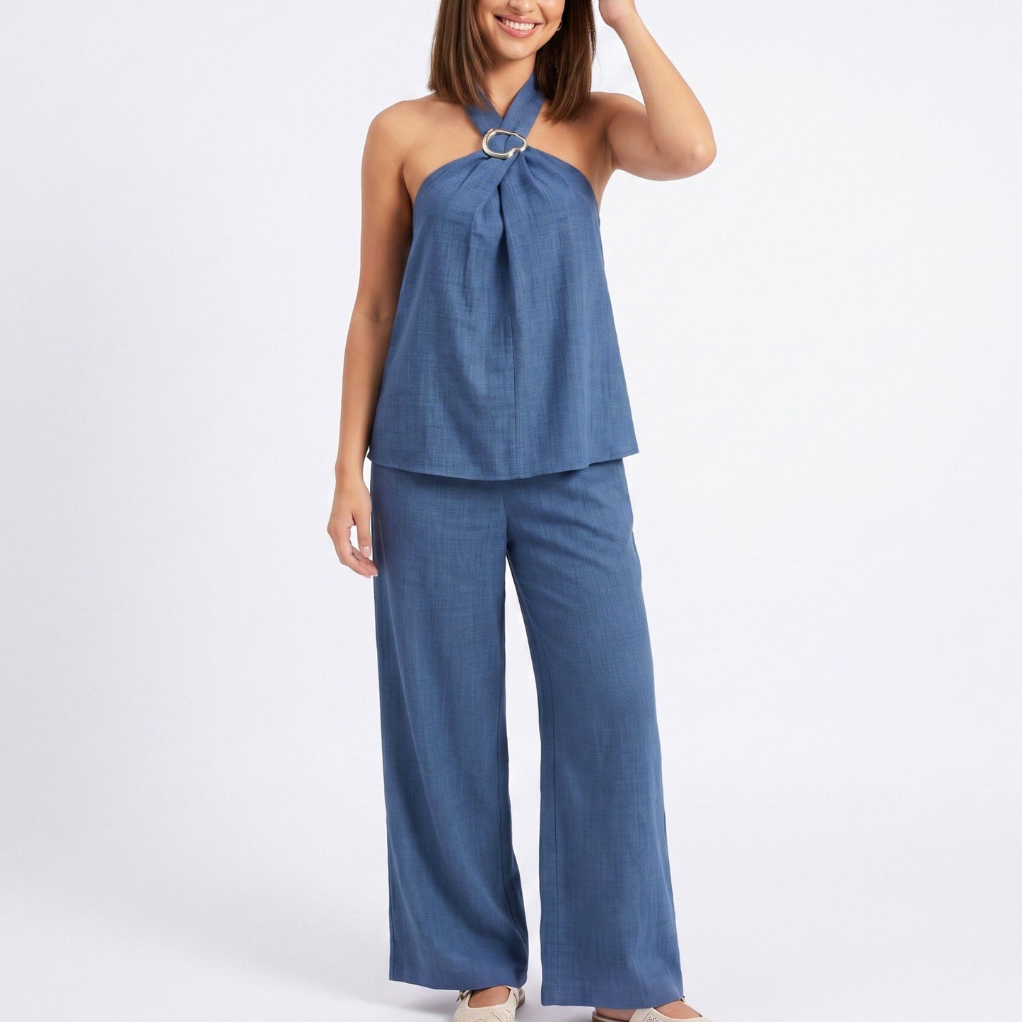 2-Piece Set Halter Ring Top and Wide Leg Pants Matching Outfit