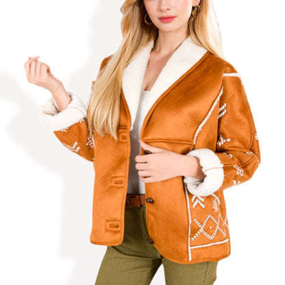 Embroidered Faux Shearling Jacket with Shawl Collar