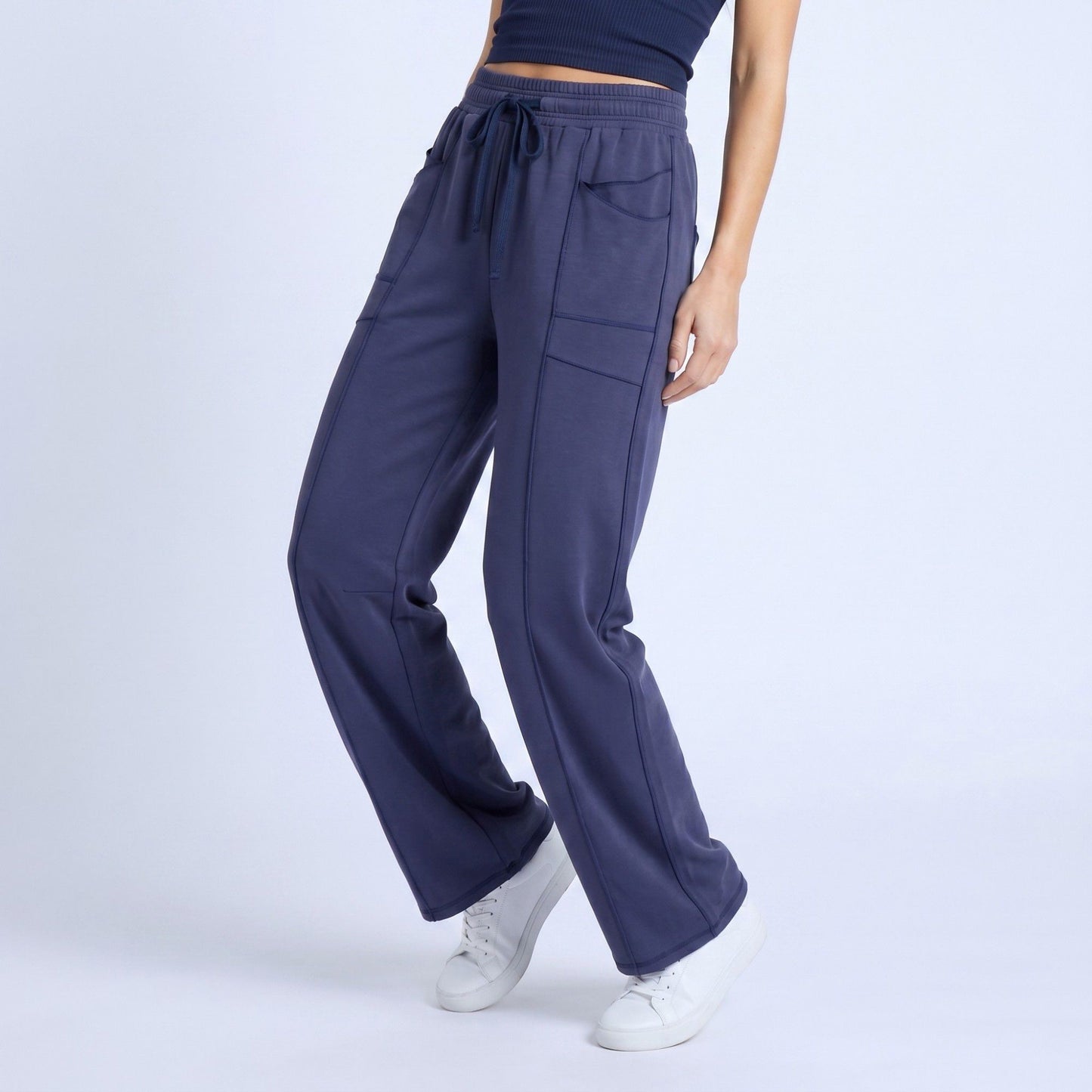 High Rise Drawstring Wide Leg Utility Pants with Patch Pockets