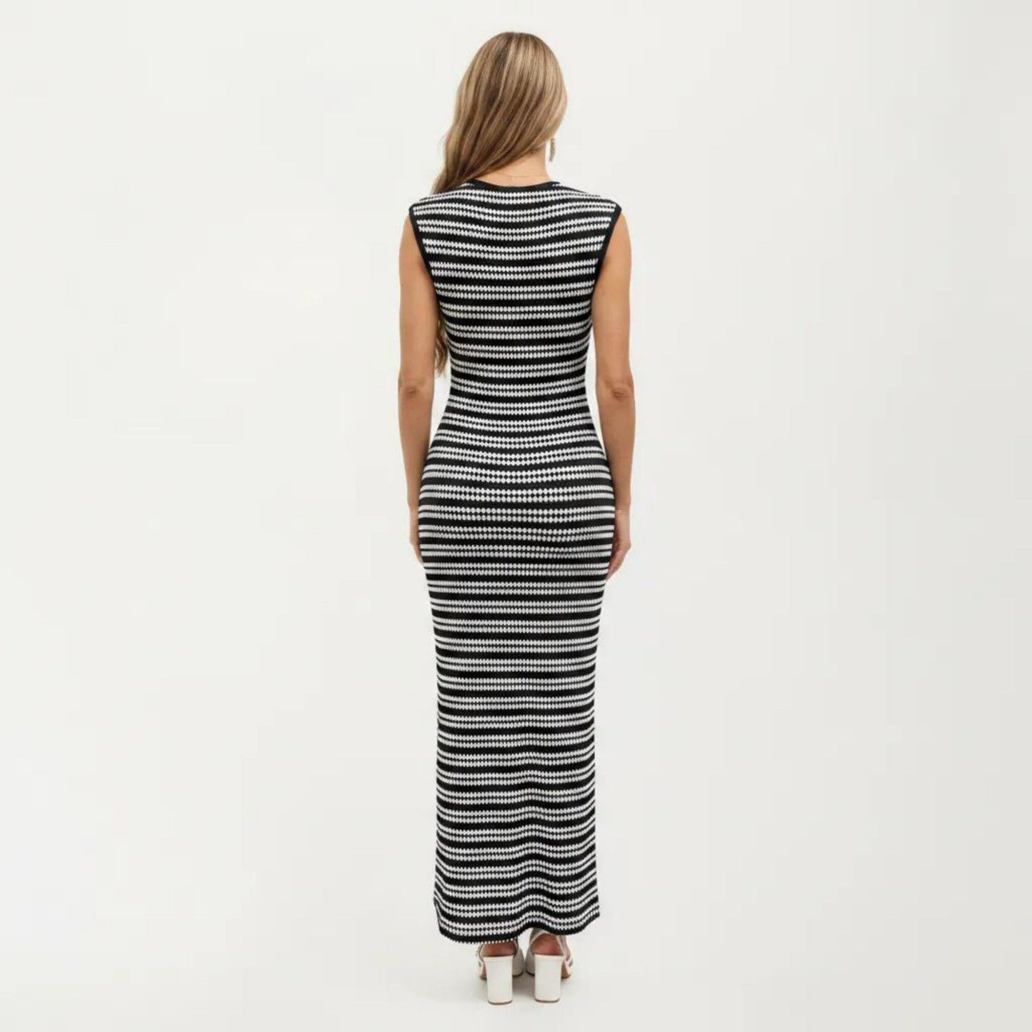 Sleeveless Crew Neck Striped Knit Column Maxi Dress