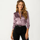Satin Button Down Blouse with Collared Neckline and Three Quarter Sleeves