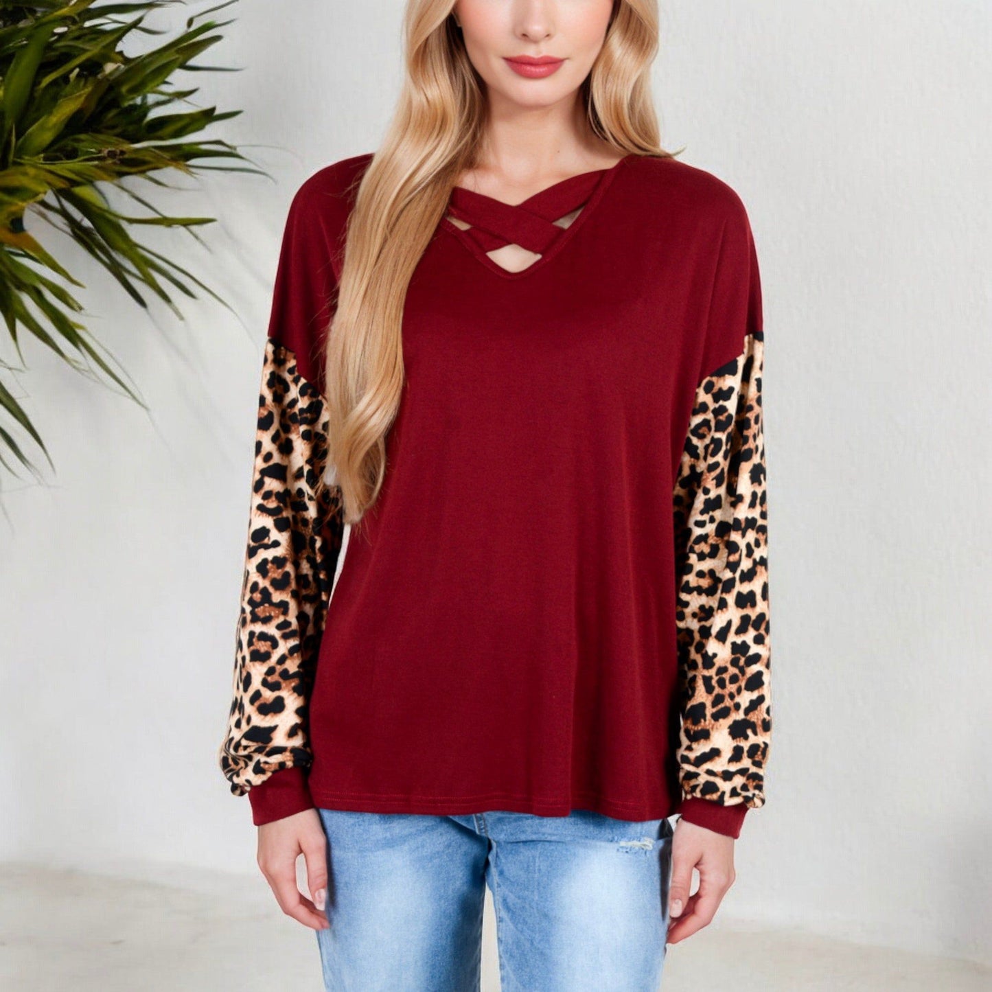 Crisscross V-Neck Top with Leopard Print Sleeves