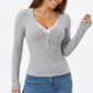 Ribbed Lace Inset V-Neck Button Long Sleeve Top