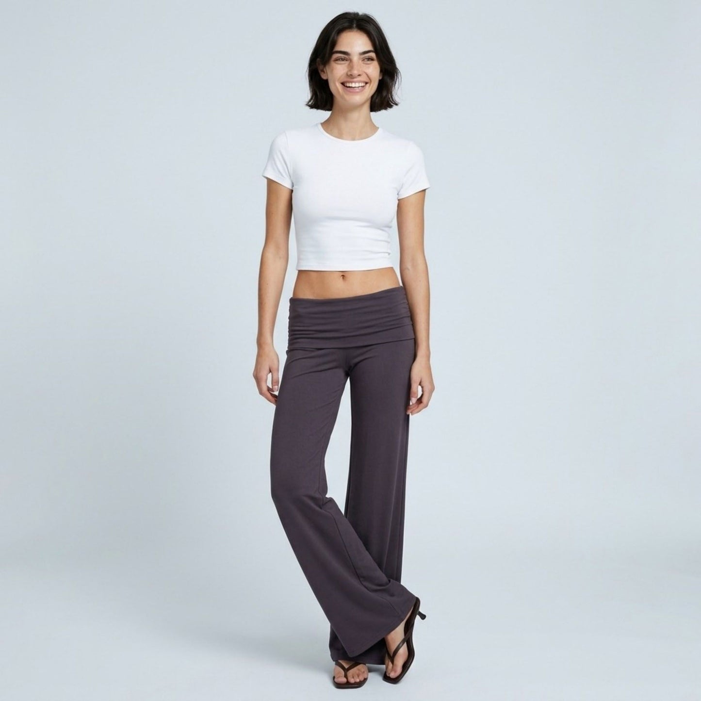 Foldover Waistband Full-Length Wide-Leg Trousers