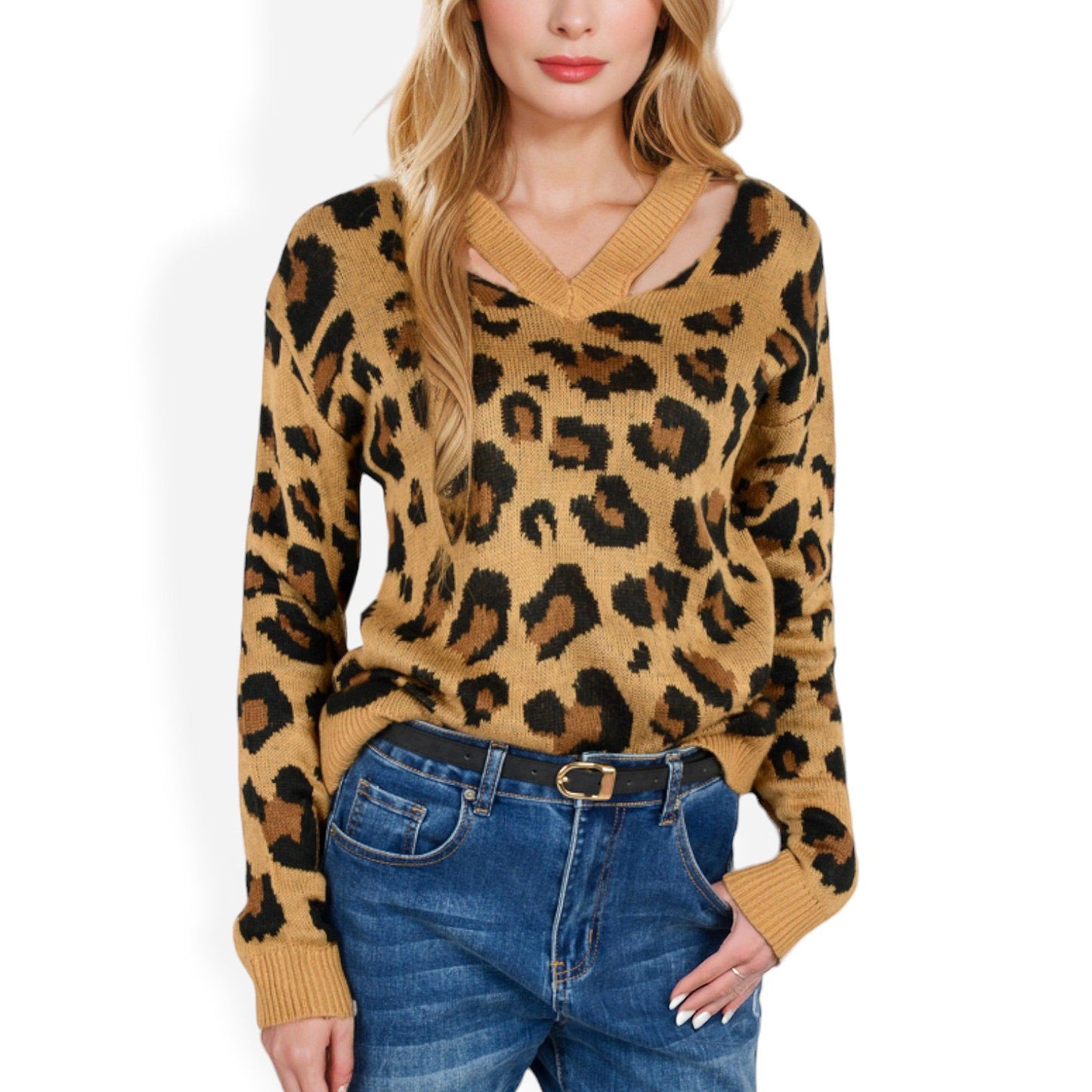 V-Neck Leopard Print Sweater with Cutout Detail Long Sleeves