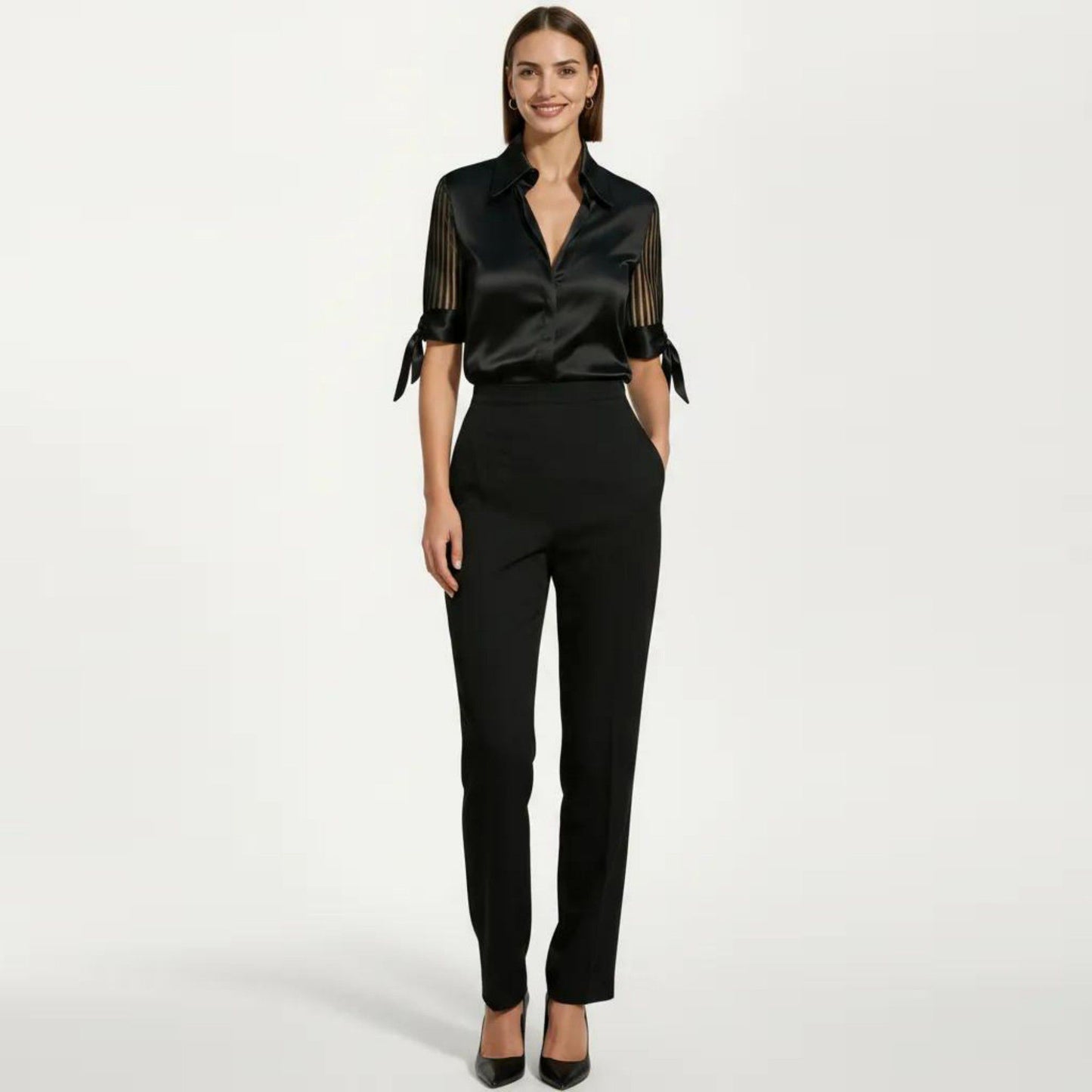 Satin Collared Blouse with Sheer Stripe Sleeves and Bow Tie Cuffs
