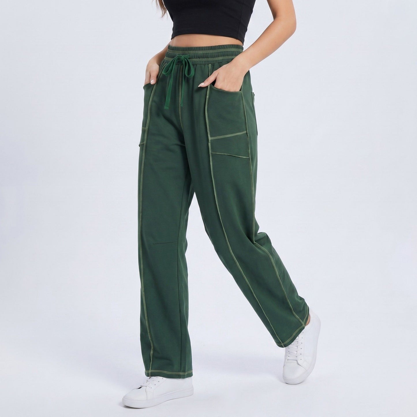 High Rise Drawstring Wide Leg Utility Pants with Patch Pockets
