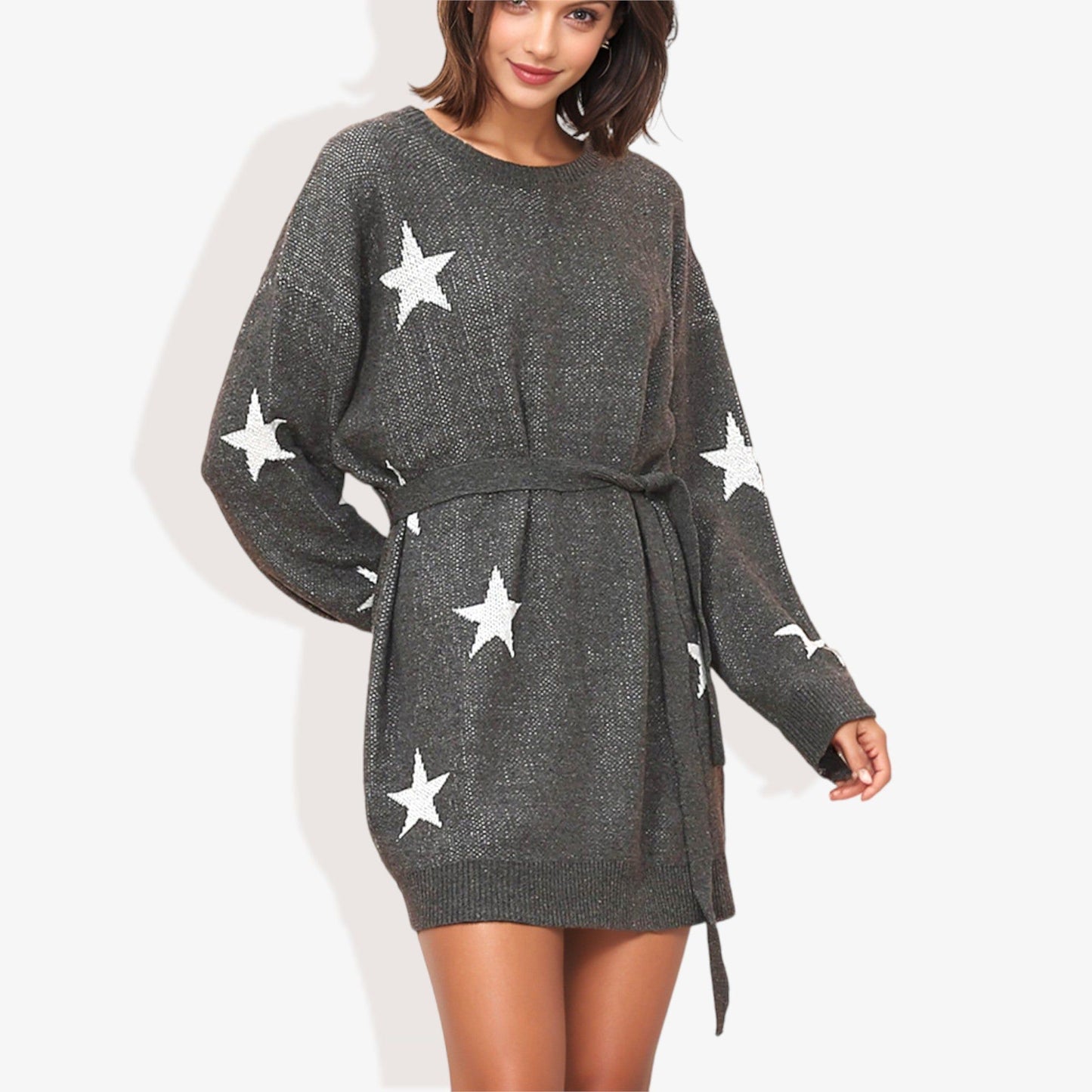 Star Knit Dolman Sleeve Belted Tunic Sweater Dress