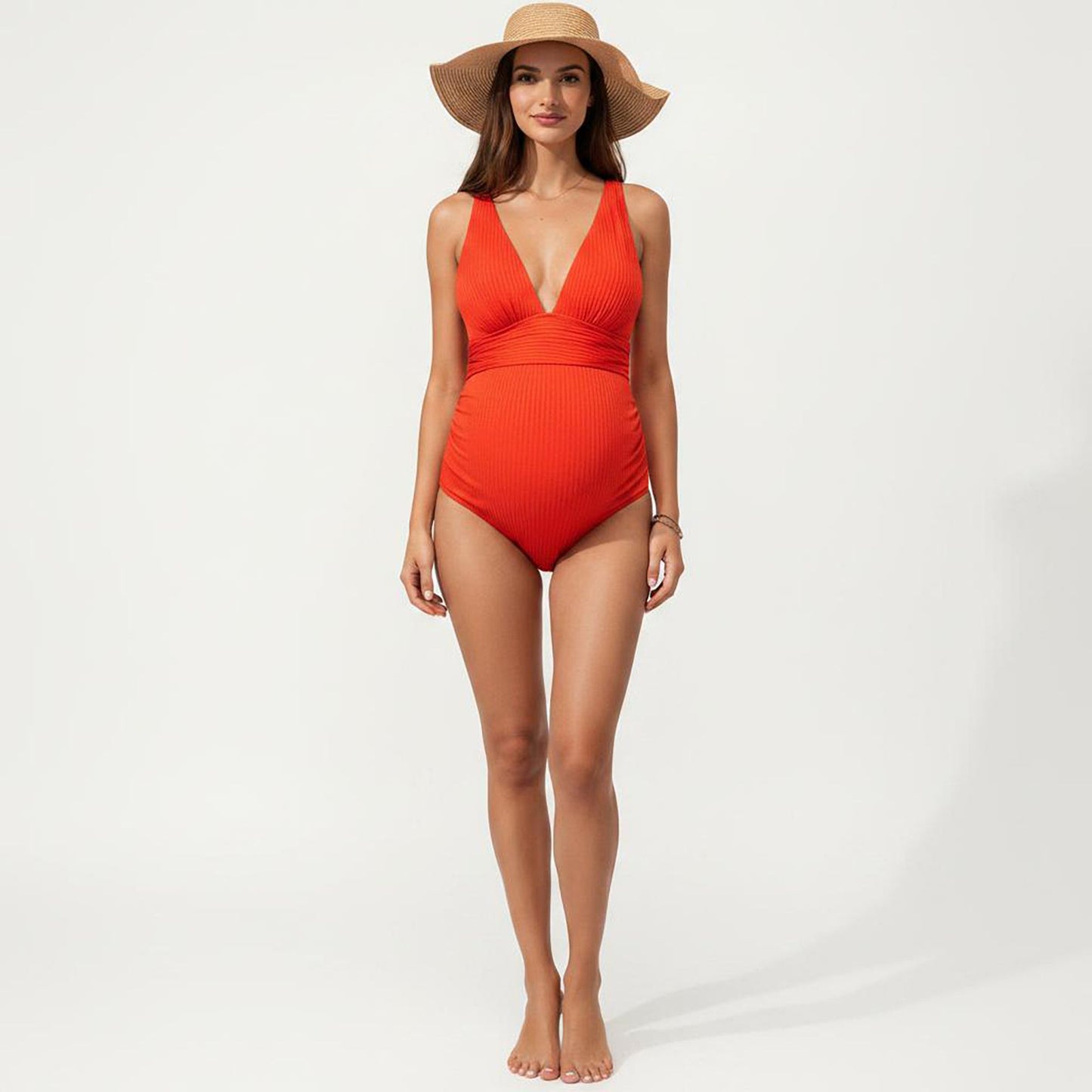 Maternity Ribbed One-Piece Swimsuit with Plunging Neckline and Ruched Waist