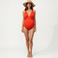 Maternity Ribbed One-Piece Swimsuit with Plunging Neckline and Ruched Waist