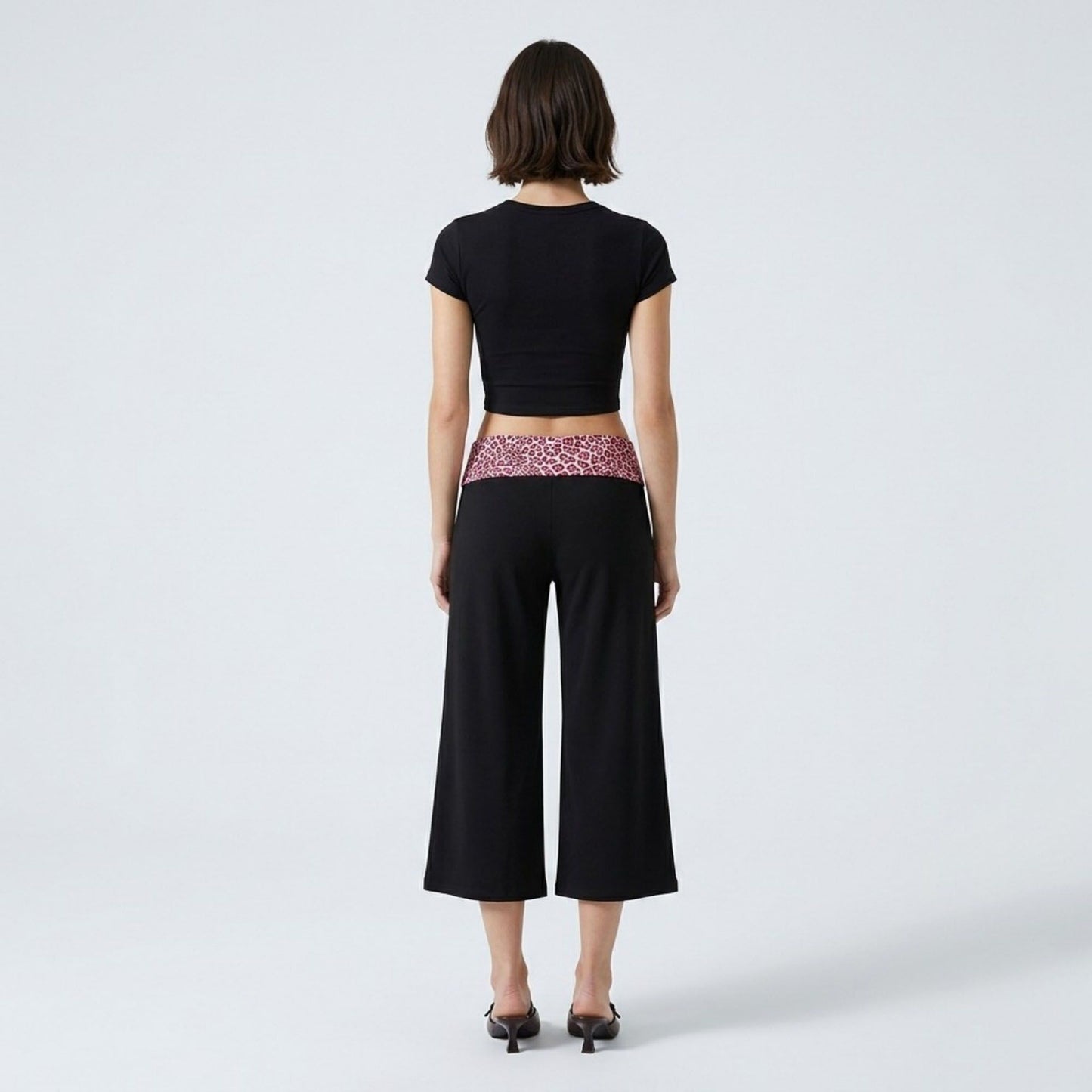 Contrast Foldover Waistband Leopard Print Cropped Trousers