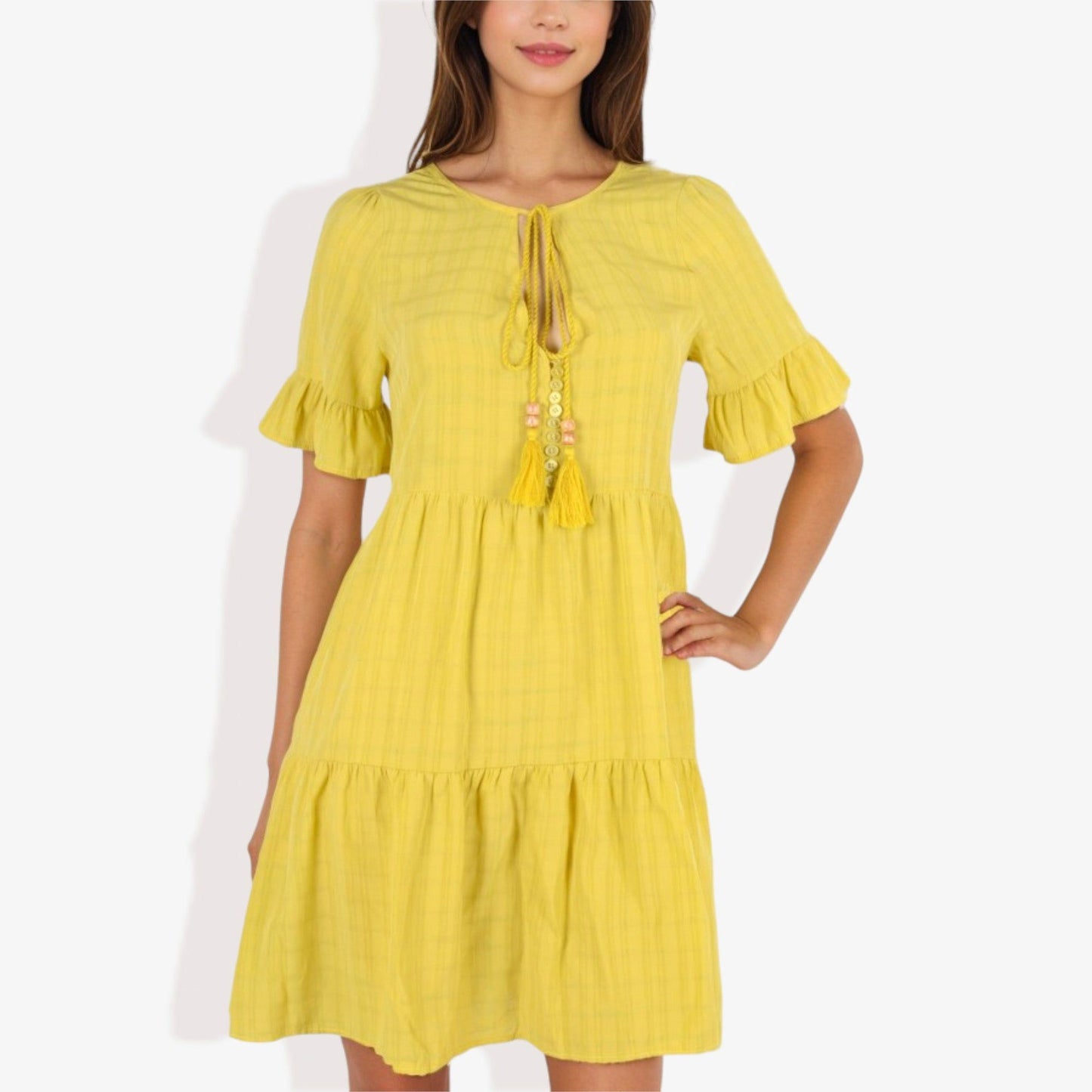 Ruffle Sleeve Tiered Dress With Button And Tassel Detail