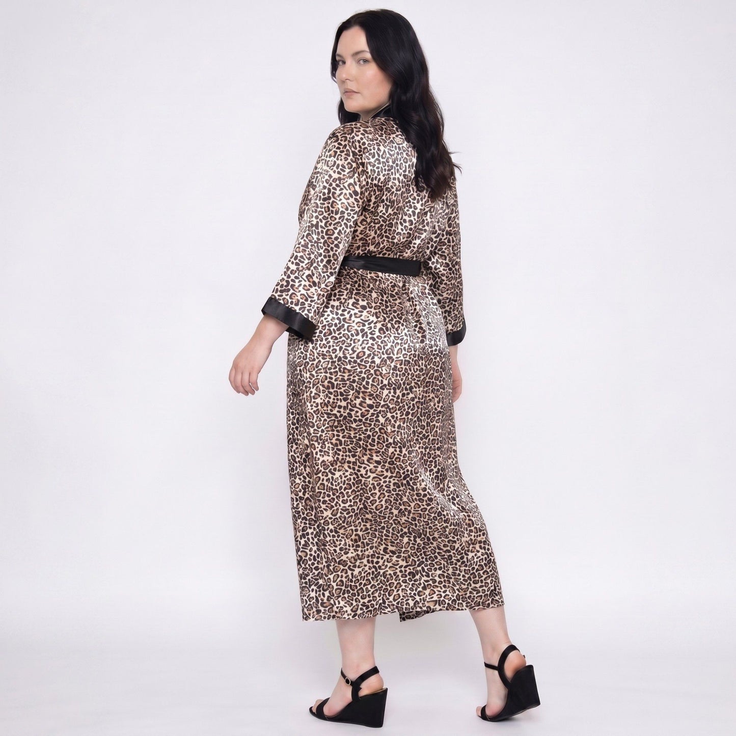 Plus Size Leopard Print Satin-Like Wrap Robe with Long Kimono Sleeves Contrast Trim and Self Tie Waist