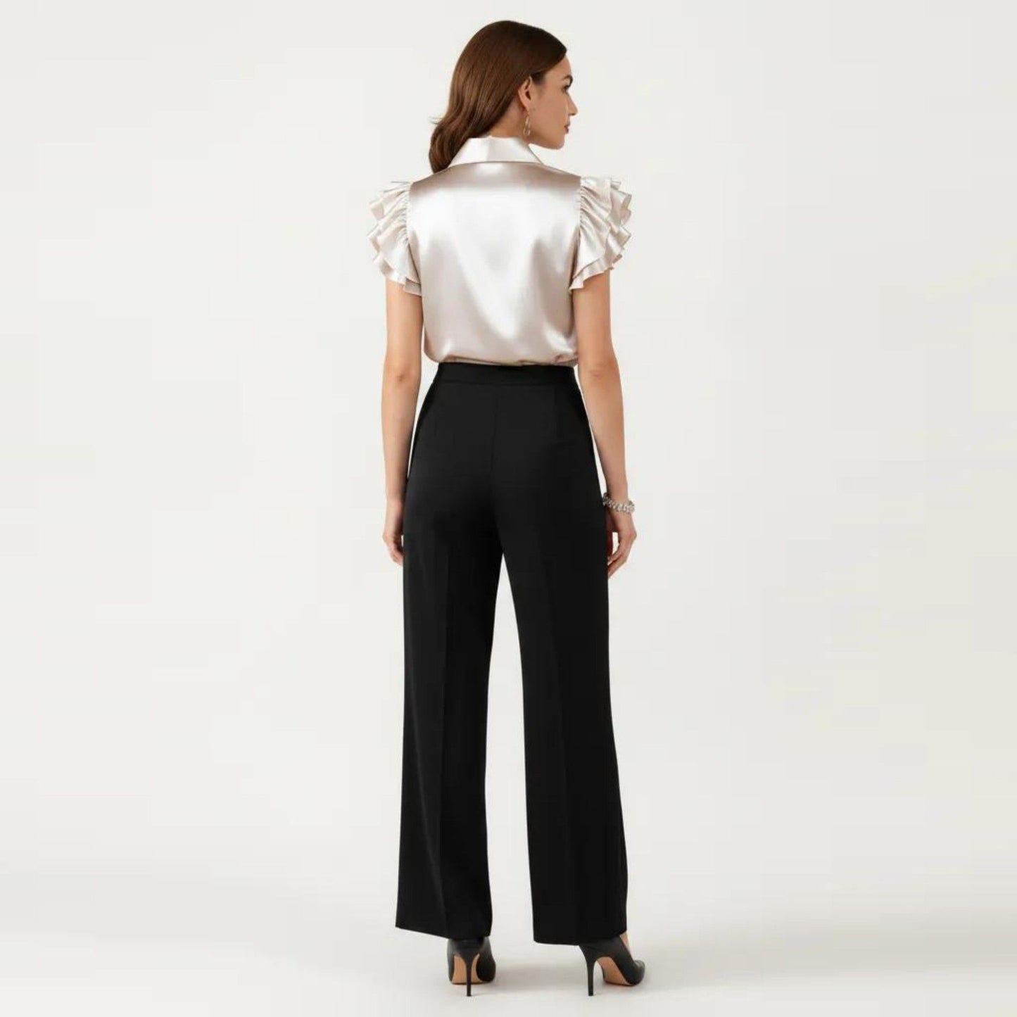Satin Button Down Blouse with Ruffle Sleeves and Collared Neckline