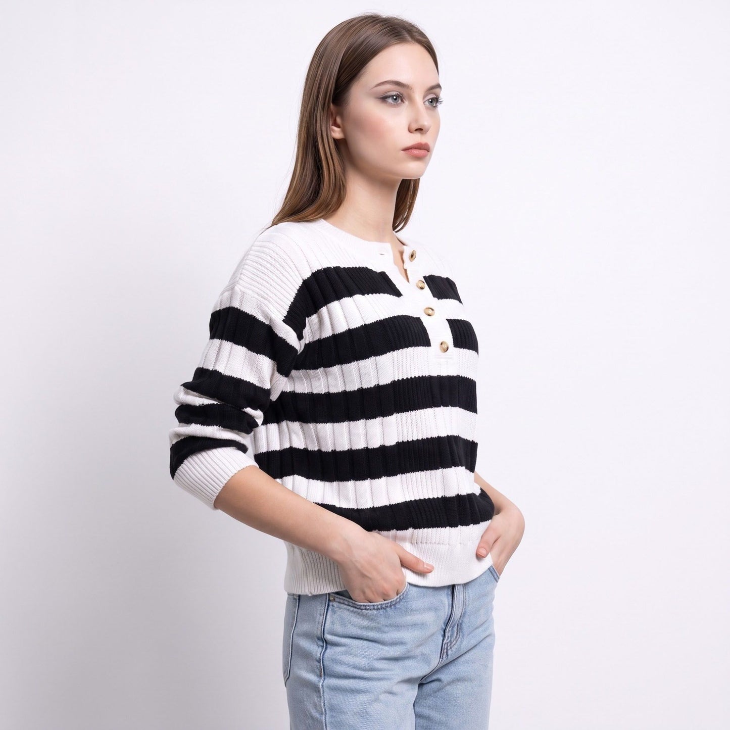 Striped Henley Ribbed Knit Pullover Sweater