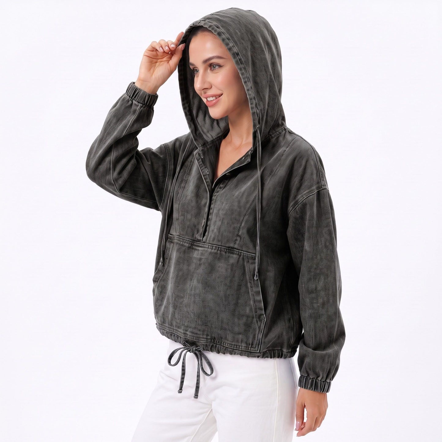 Washed Denim Hooded Pullover Jacket Long Sleeve Kangaroo Pocket Casual Outerwear