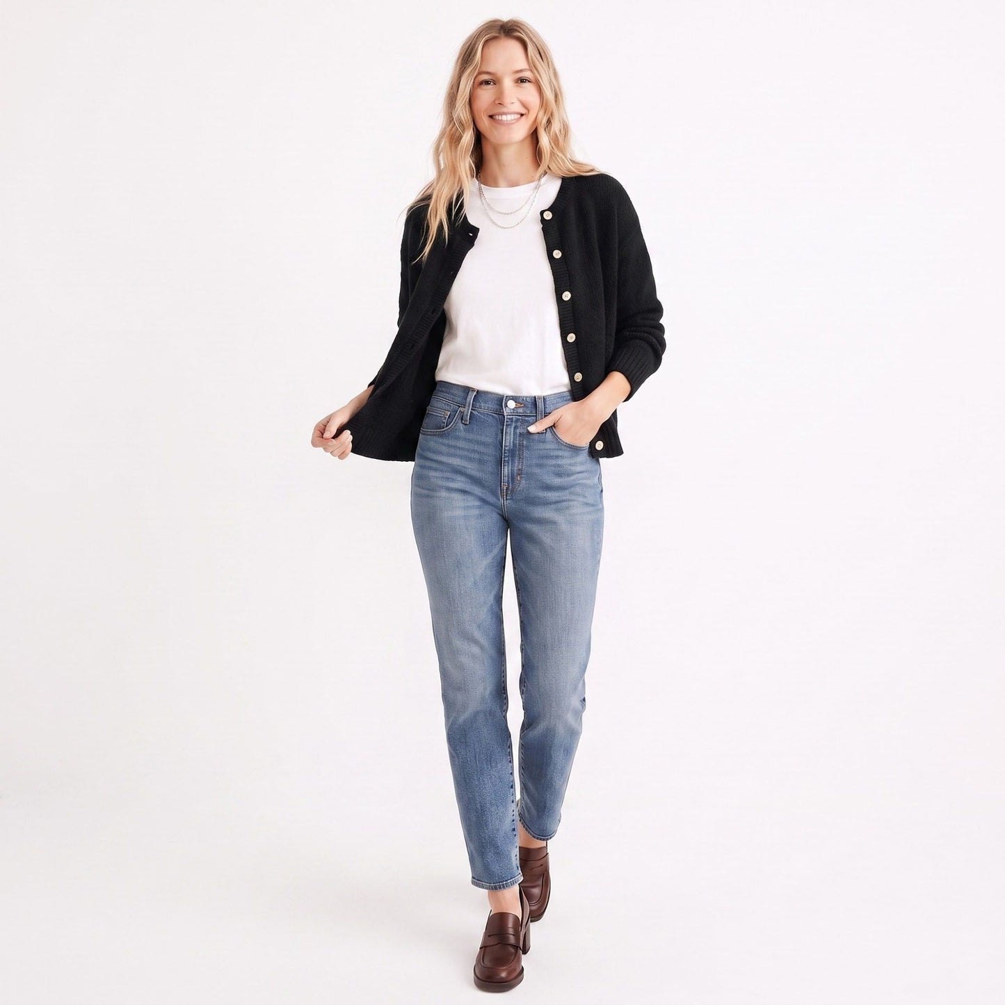 Soft Textured Button-Front Crew Neck Cardigan