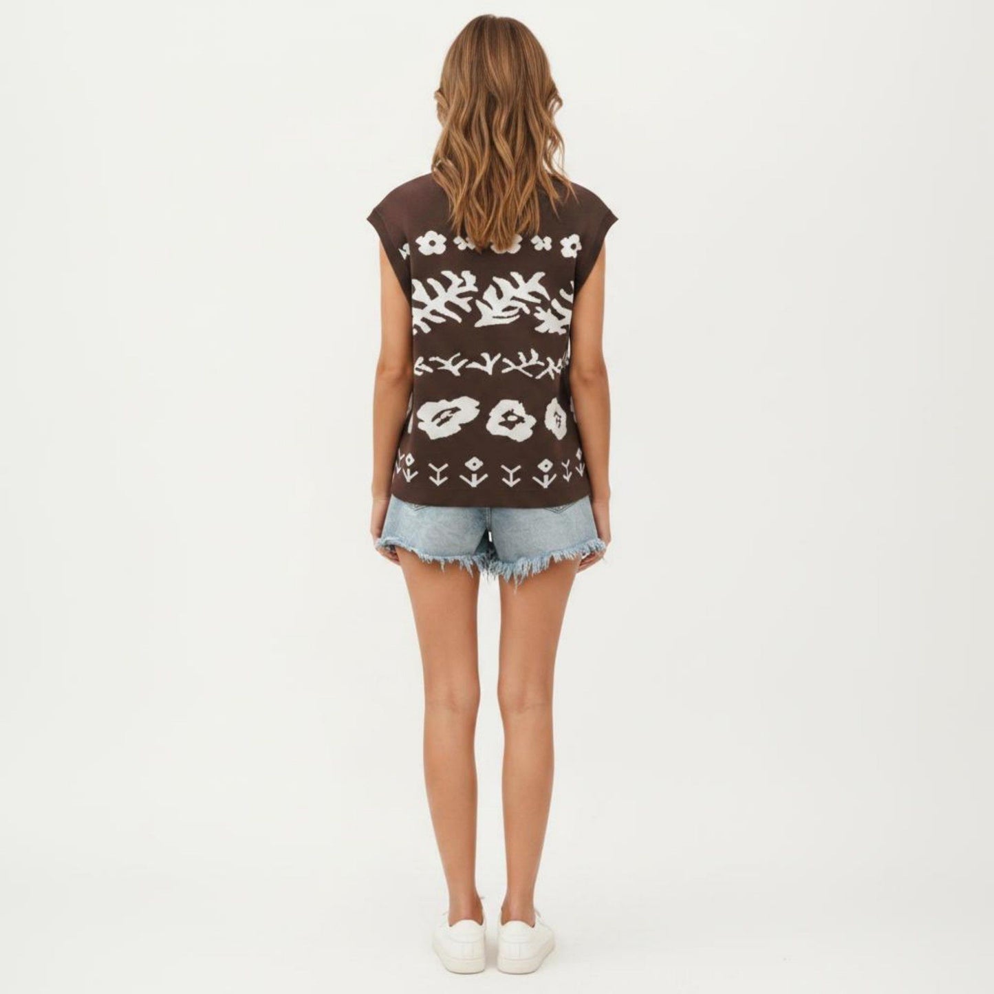 Sleeveless Floral Knit Vest Top with V-Neck Front and Button Detail