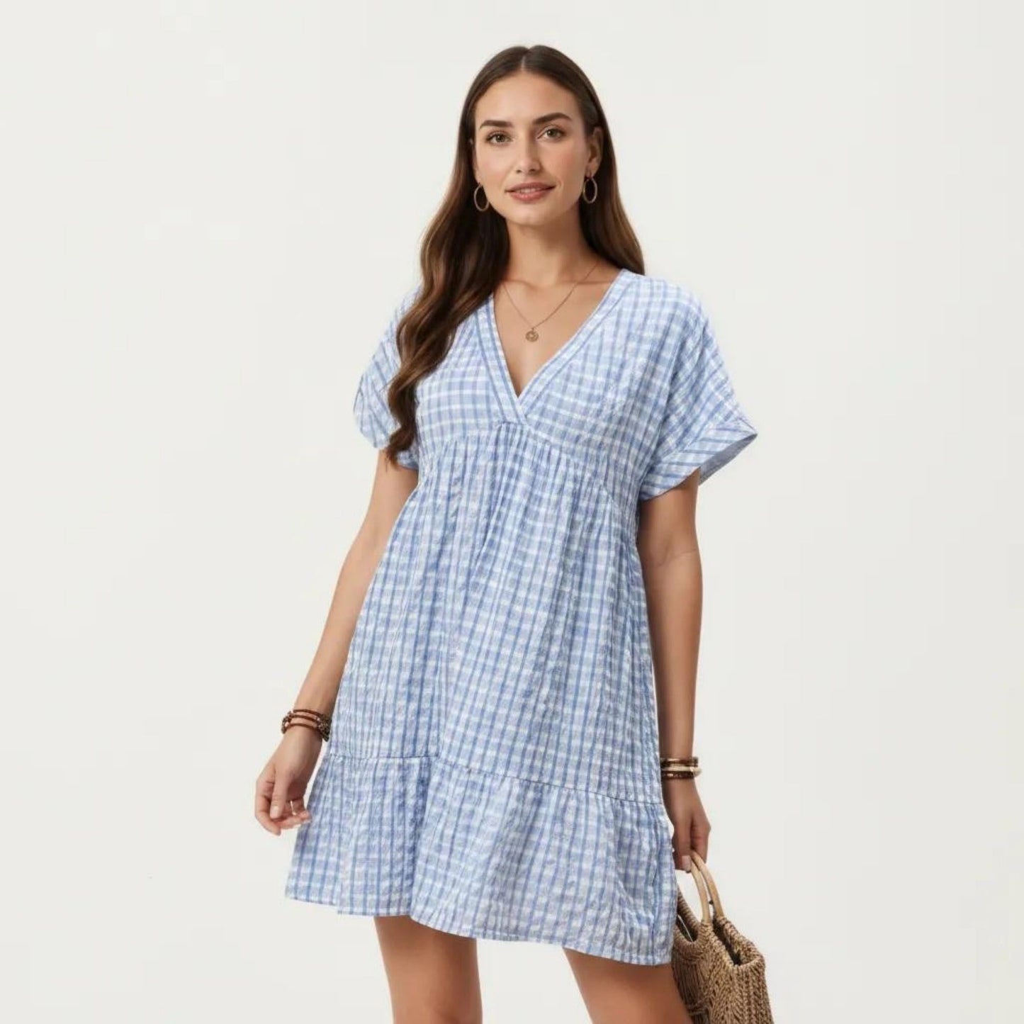Short Sleeve V Neck Plaid Mini Dress with Tiered Hem Loose Fit Casual Lightweight Summer Dress
