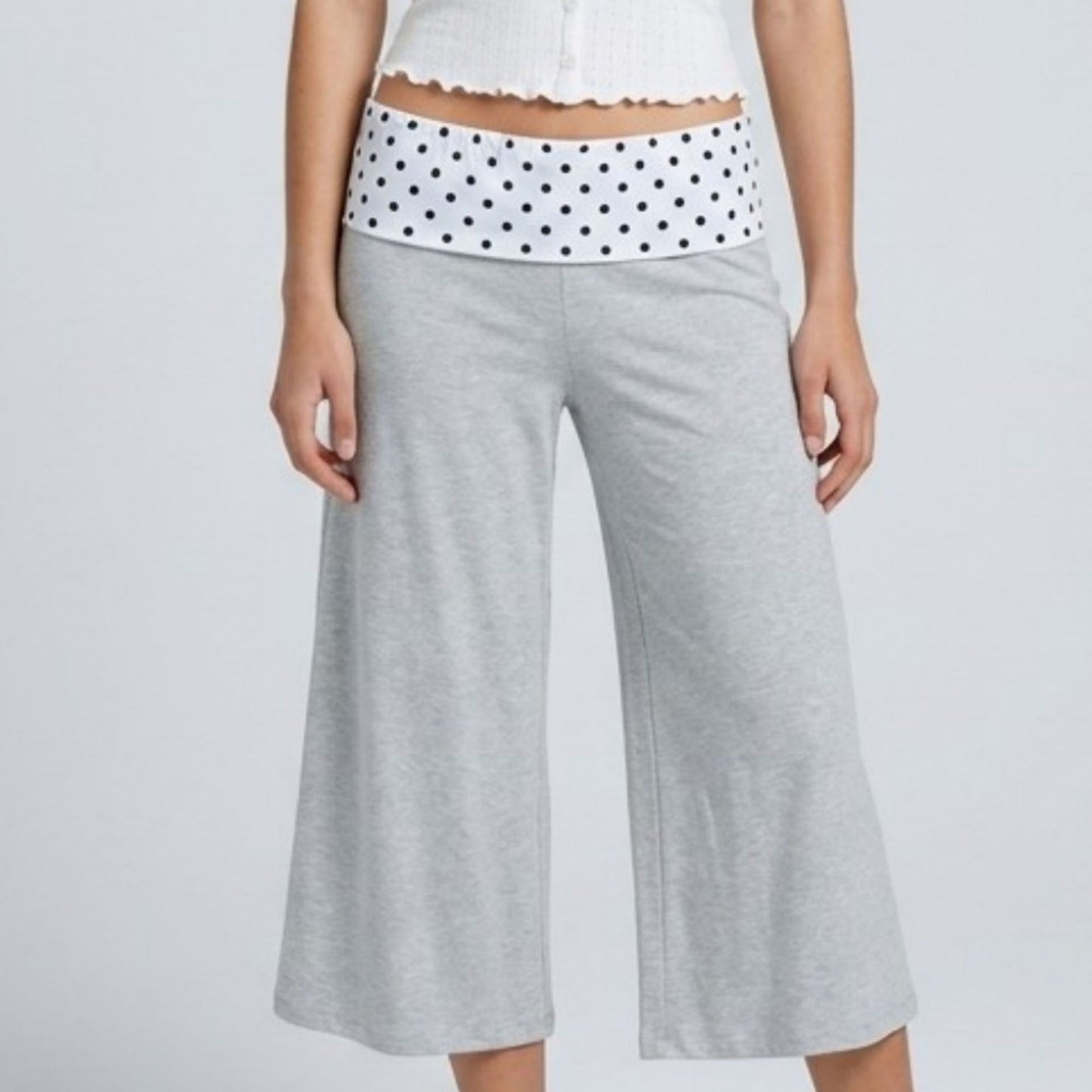 Polka Dot Contrast Waistband Cropped Wide-Leg Trousers