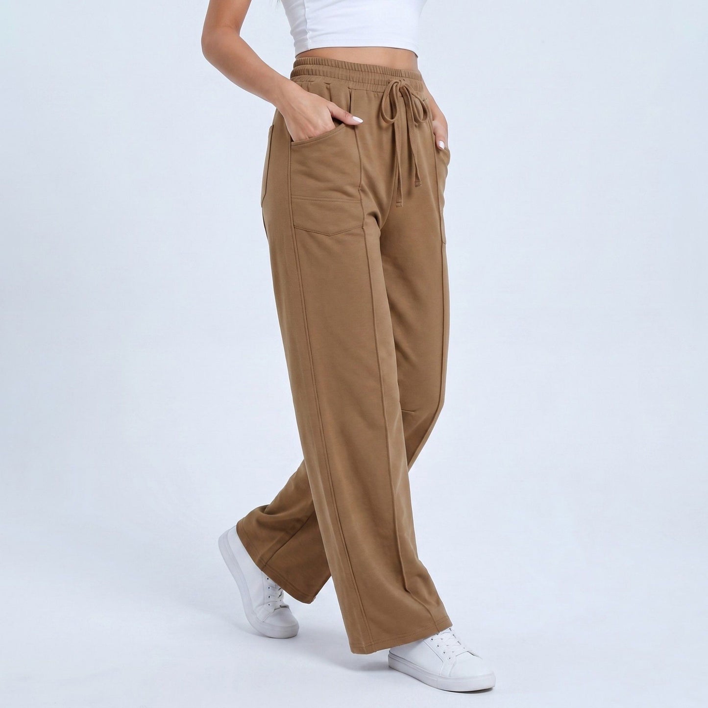 High Rise Drawstring Wide Leg Utility Pants with Patch Pockets