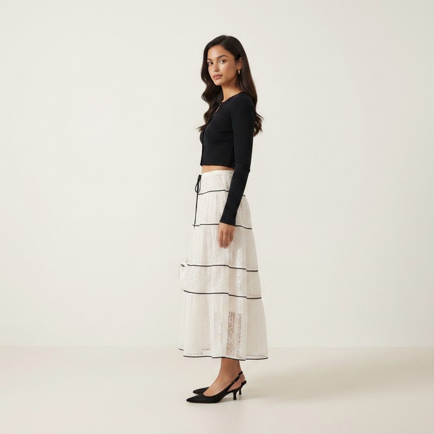 2 Piece Set Long Sleeve Crop Top Button Front Tiered Lace Maxi Skirt Outfit