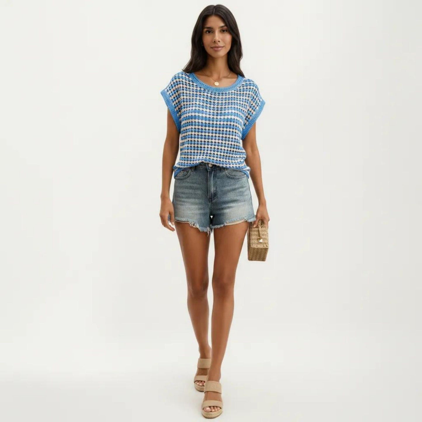 Short Sleeve Striped Crochet Knit Top with Open Stitch Texture and Relaxed Fit